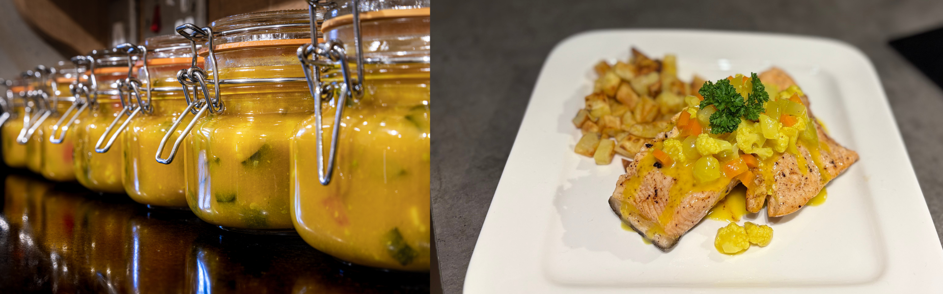 Gebakken zalm met aardappelblokjes en zelf gemaakte piccalilly –  Flesjewijn.com