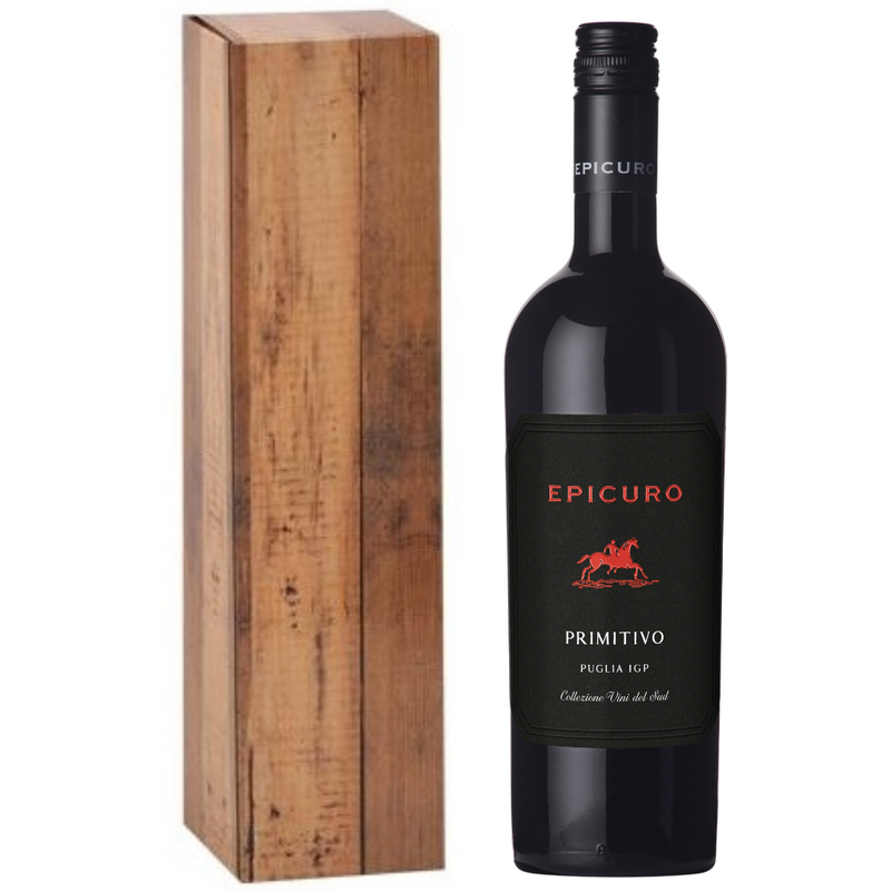 Epicuro Primitivo Puglia Geschenk: hiermee geeft je een heerlijke fles Italiaanse rode wijn verpakt in een luxe kokerdoos. Verkrijgbaar bij Flesjewijn.com